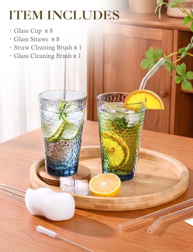 Amyoole Drinking Glasses Set of 8, 16oz Blue Hammered Glass Cup for
