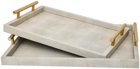 Modern Decorative Tray Set of 2 Ivory Shagreen Leather and Wood