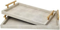 Modern Decorative Tray Set of 2 Ivory Shagreen Leather and Wood