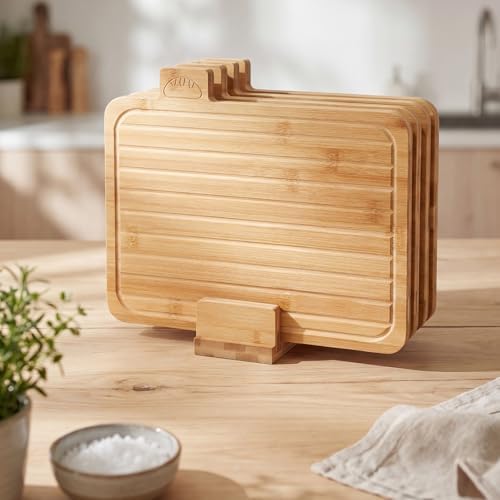 LemonRoad 4 Pack Wood Cutting Board Set with Holder, Bamboo