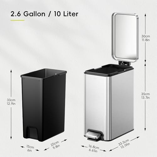 EKO Small Bathroom Trash Can with Lid, 10 Liter, Silver