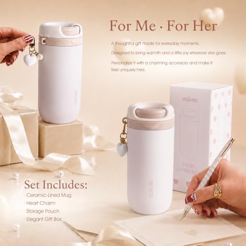Ceramic Lined Travel Coffee Mug For Women, 15 oz Insulated Coffee