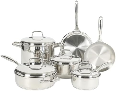 Oster Platinum Sedwick 10-Piece Stackable Stainless Steel Pots and Pans Cookware Set W/Domed Stainless Steel Lids W/TriPly Encapsulated Base - Induction Safe
