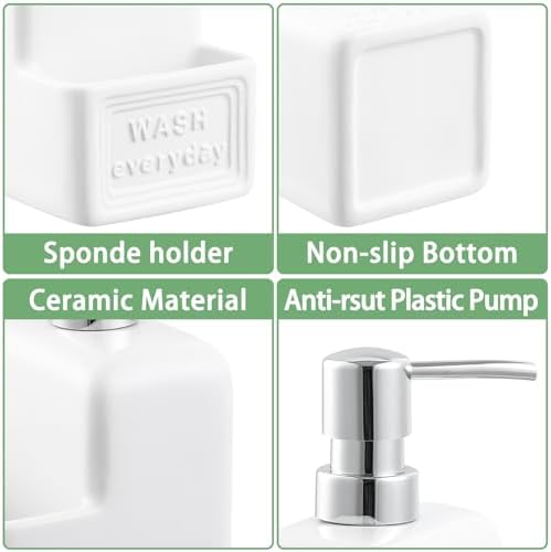 RQYIXI Ceramic Soap Dispenser with Sponge Holder, White, 15 Oz