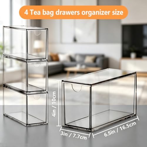 4 Pack Tea Bag Drawers Organizer, Clear Plastic Stackable Tea