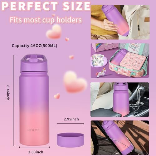 mininoo Kids Water Bottle for School, 16oz Stainless Steel Insulated