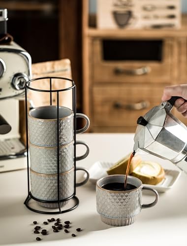 Gomakren Stackable Coffee Mugs Set of 4 Coffee Cups with Stand, Light