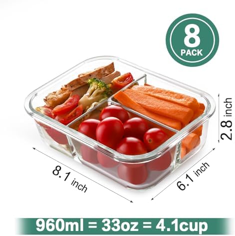 8 Pack 3-Compartment 36oz Glass Meal Prep Containers with Lids