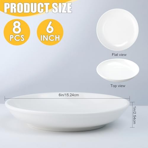 8 Pack 6 Inch White Ceramic Dessert Plates, Round