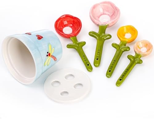 Coloch 5Pcs Ceramic Measuring Spoons and Cup, Flower Baking Scale