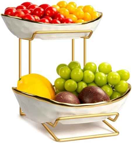 Fruit Bowl for Kitchen Counter, 2 Tier Fruit Basket for Counter, Ceramic Fruit tray, Tiered Holder with Metal Stand, Modern Detachable Rack for Vegetable Snack Dessert Storage (Gold&White)