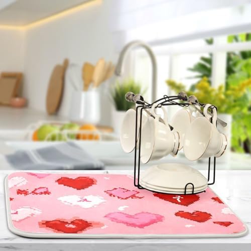 OTVEE Charming Pixel Heart Art Dish Drying Mat for Kitchen Counter