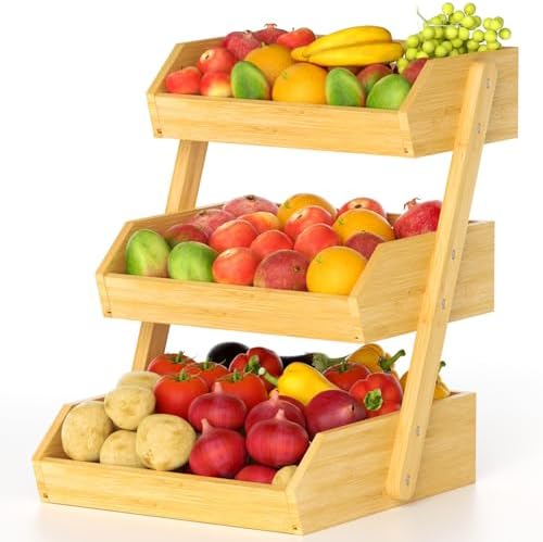 Bamboo 3 Tier Fruit Basket, Ventilated Countertop Kitchen Storage, Holds Fruits, Vegetables & Snacks, Sturdy Wooden Organizer, Simple Assembly