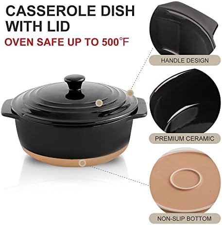 HVH Ceramic Casserole Dish with Lid Oven Safe, 2 Quart Round Casserole