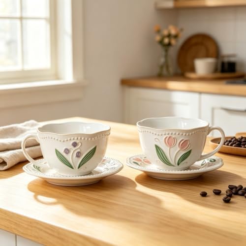12oz Valley Ceramic Coffee Cup & Saucer Set for Cappuccino Tea Mug