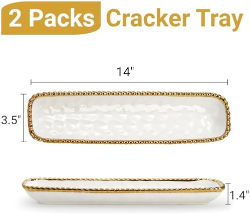 SOUJOY 2 Pack Porcelain Cracker Tray with Gold Pearl Edge, 14 Inch