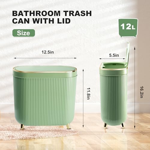 Supteron Bathroom Trash Can with Lid, 3.2 Gallon, Mint Green