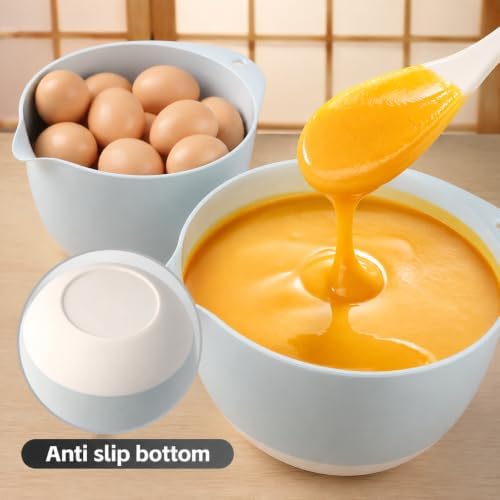 3 Pale Blue Plastic Mixing Bowl Set With Lids, Pour Spouts, TPR