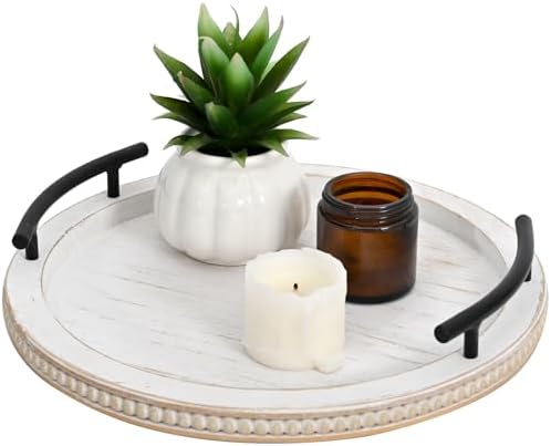 SwallowLiving White Wooden Beaded Serving Tray with Handle Decorative