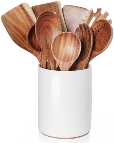 10-Piece Teak Wood Utensil Set with Ceramic Holder