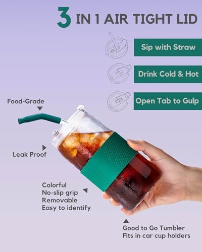ColoVie Glass Tumbler with 3 IN 1 Lids and Glass Straws