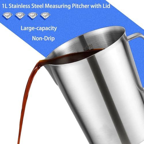 Stainless Steel Measuring Pitcher with Lid, 32 oz / 1L Large Metal Jug