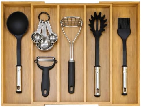 Expandable Bamboo Silverware Drawer Organizer, Adjustable Cutlery Tray