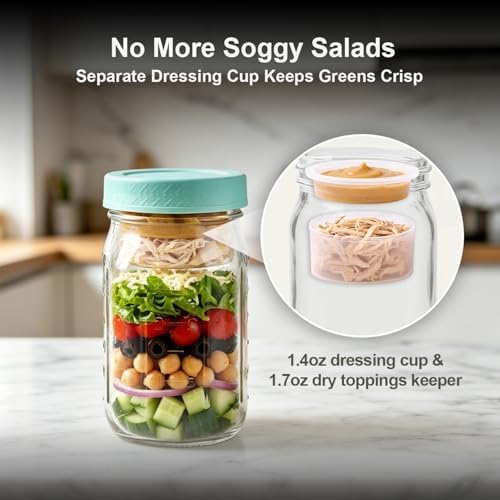 ComSaf 32 oz Glass Salad Jars with Dressing Cup 4 Pack Meal Prep Mason