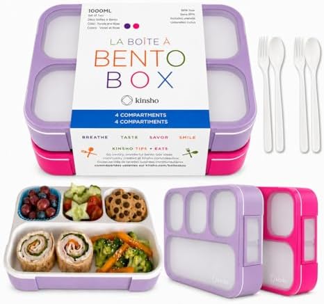 kinsho Bento Box Lunch Boxes for Kids Adults with Utensils, Pink &
