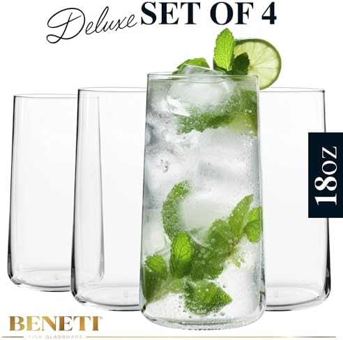 BENETI Modern Crystal Glass Cups, Tall Highball Drinking Glasses Set