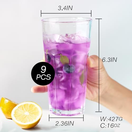 Etolies Highball Drinking Glasses Set of 9, Water Glasses 16 oz,Iced