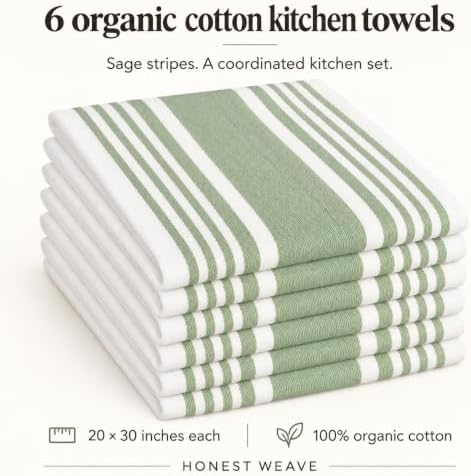 HONEST WEAVE Organic Cotton Kitchen Towels, Sage Stripe, 6-Pack, 20x30