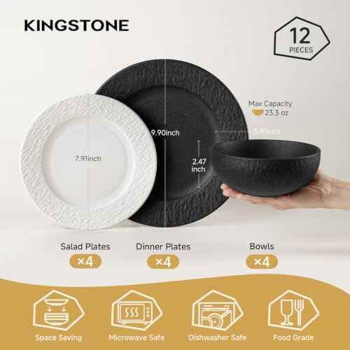 Black & white Dinnerware Sets for 4, 12-Piece plates and bowls sets