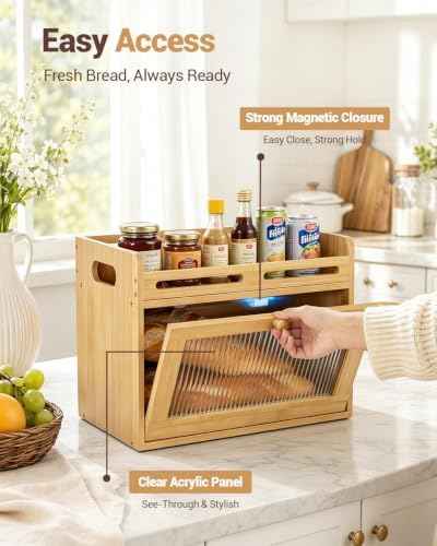 Bread Box for Kitchen Countertop, Bamboo Storage Container with Top Shelf