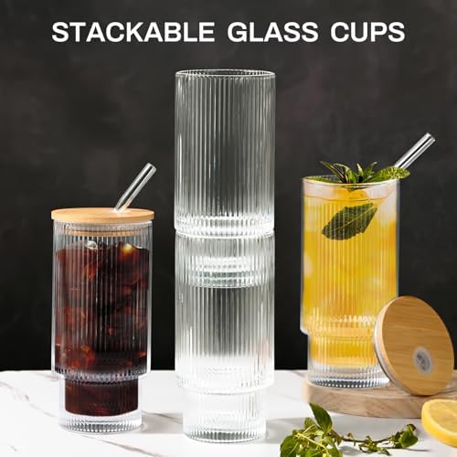 16OZ Ribbed Glass Cups with Lids and Straws,Iced Coffee Cups with