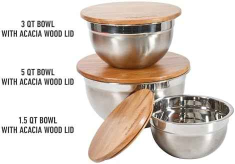 Calphalon Orbit Mixing Bowl Set, 3-Piece Stainless Steel Mixing Bowls(1.5 Qt, 3 Qt, 5 Qt) with Acacia Wood Lids & Non-Slip Base, Kitchen Prep Bowls for Mixing, Serving & Food Storage