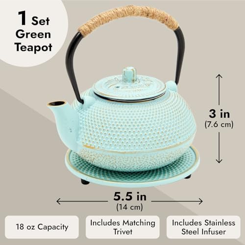 Juvale Cast Iron Tea Kettle with Infuser - Green, 18 oz/500 ml
