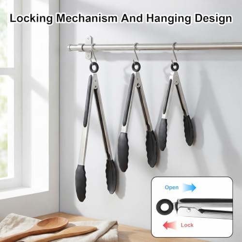 12 Pcs Tongs Set, 7, 9, 12 Inches, Black & Silver