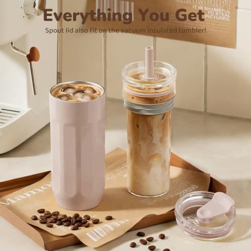 chunmo 18 oz Vacuum Insulated Glass Tumbler with Straw Lid & Spout Lid