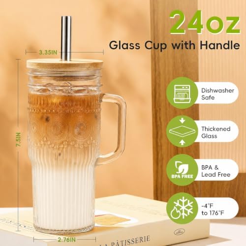 JunVpic Glass Tumbler, 24 oz Ice Coffee Cups with Bamboo Lid and