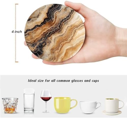 Dark Brown Drink Coasters Set of 6, Beige Black Mixed Marble Round