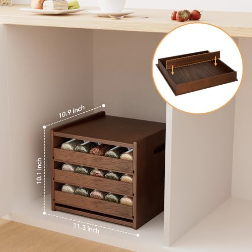 4 Tier Wooden Pull Out Spice Rack Organizer Tray Dividers for Drawer