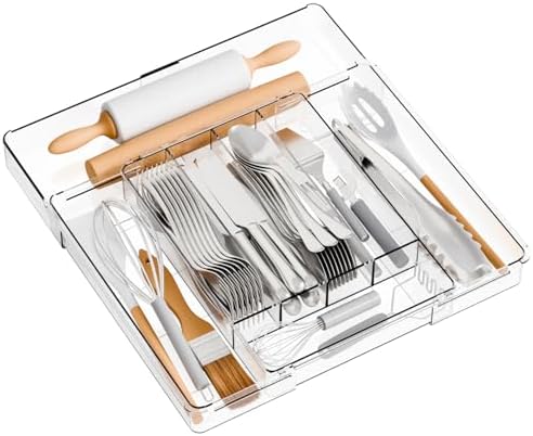 Yieach Acrylic Clear Expandable Kitchen Utensil Drawer Organizer and