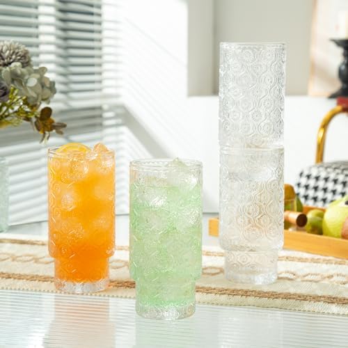 Drinking Glasses Set of 4, 16oz Textured Flower Design Cocktail