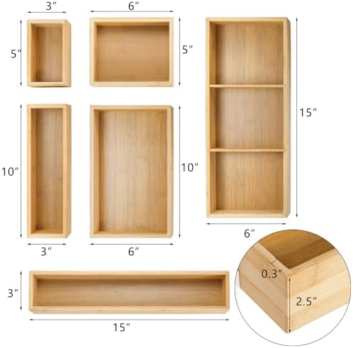Youeon Set of 6 Bamboo Drawer Organizer Storage Box, Adjustable