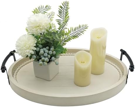 Oval Rustic Wooden Decorative Tray, Serving Tray with Metal Handles