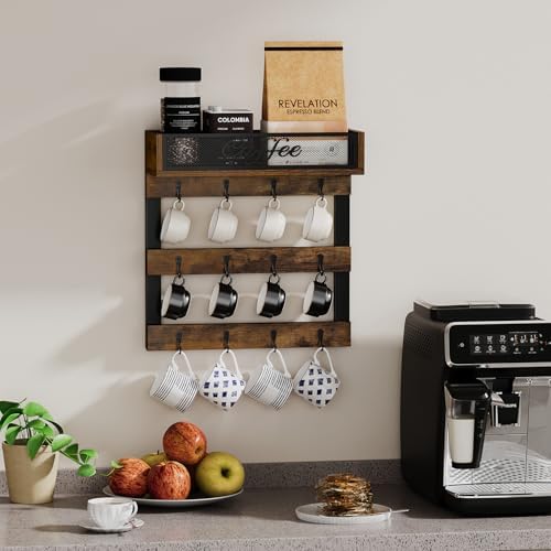 YINMIT Coffee Cup Holder Wall Mounted, 12-Hook Mug and Shelf for
