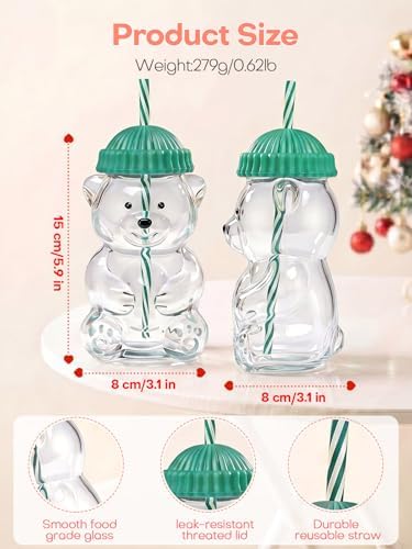 20oz Bear Glass Cup with Lid &Straw 2 Pack, Reusable Glass Drinking