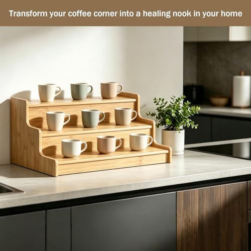 13” to 23” Expandable Bamboo Mug Holder, Countertop Cup Display Rack