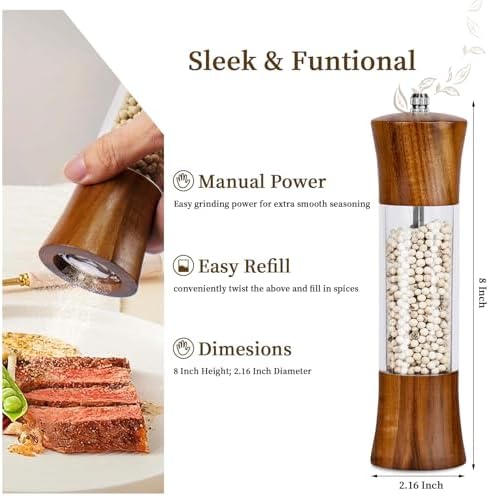 XWXO Acacia Wood Salt and Pepper Grinder Set, 8 Inches